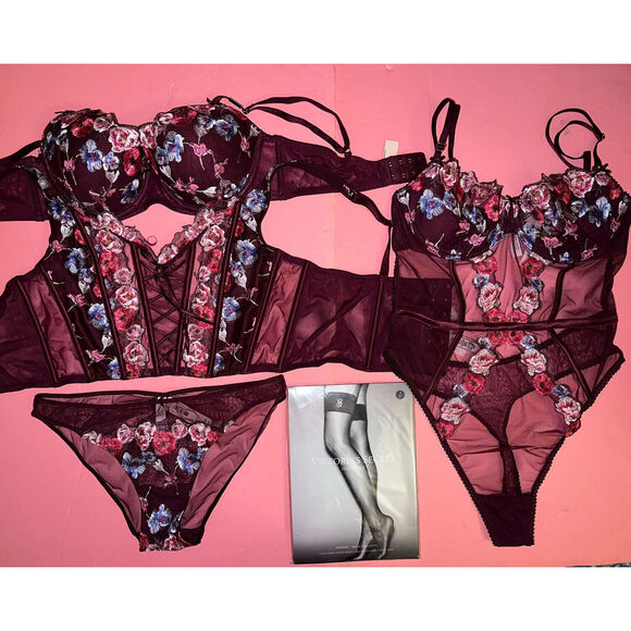 Victoria's Secret 34D BRA SET+CORSET TOP+M TEDDY KIR BLUE Pink FLORAL embroider